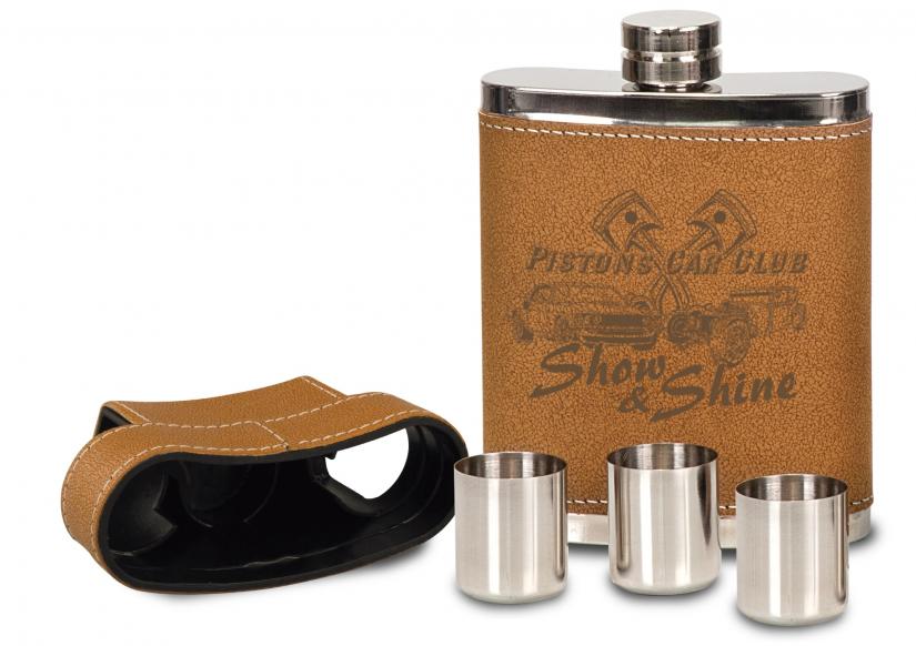 FSK705A - 7 oz. Leather Flask with Lid & 3 Shot Glasses